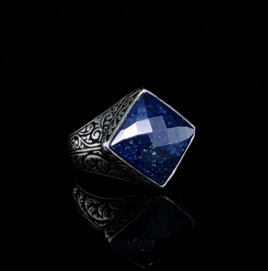 Gental Gems by Karat Kings | Unique Turkish Style Ring with Faceted Natural Blue Lapis Lazuli |  Sterling Silver Oxidized Ring | Men's Jewelry | With Certificate of Authenticity and  Hallmark
