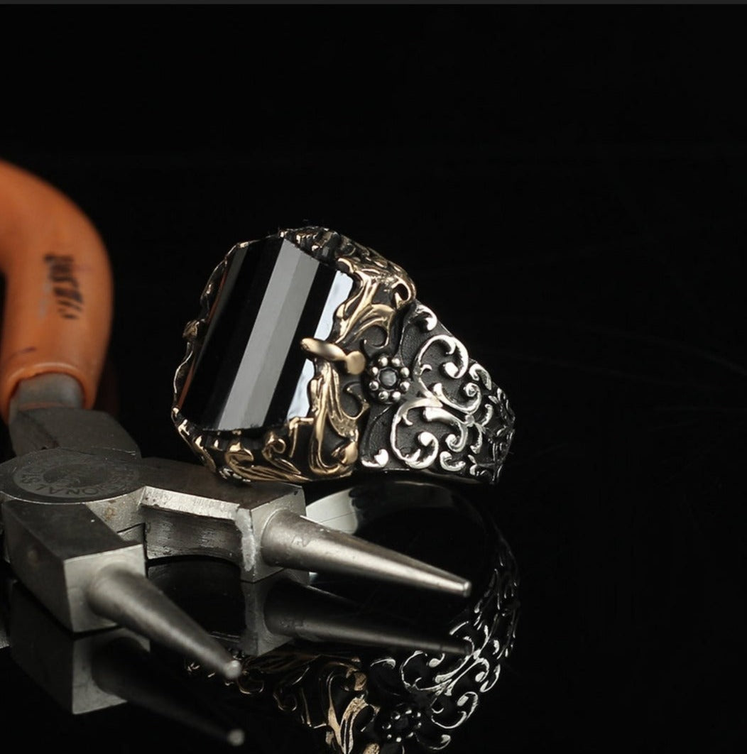 Gental Gems by Karat Kings | Unique Turkish Style Ring with Faceted Black Zircon |  Sterling Silver Oxidized Ring