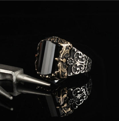 Gental Gems by Karat Kings | Unique Turkish Style Ring with Faceted Black Zircon |  Sterling Silver Oxidized Ring