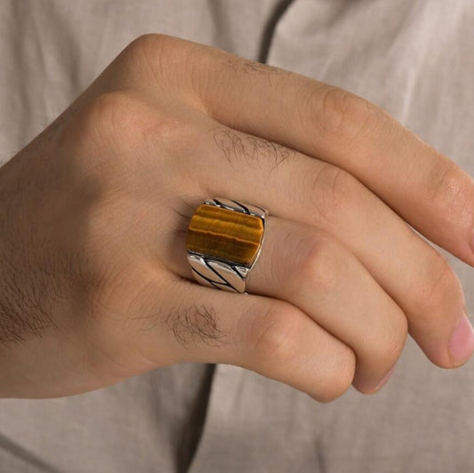 Gental Gems by Karat Kings | Unique Turkish Braided Style Ring with Natural Tiger Eye |  Sterling Silver Oxidized Ring | Men's Jewelry | With Certificate of Authenticity and  Hallmark