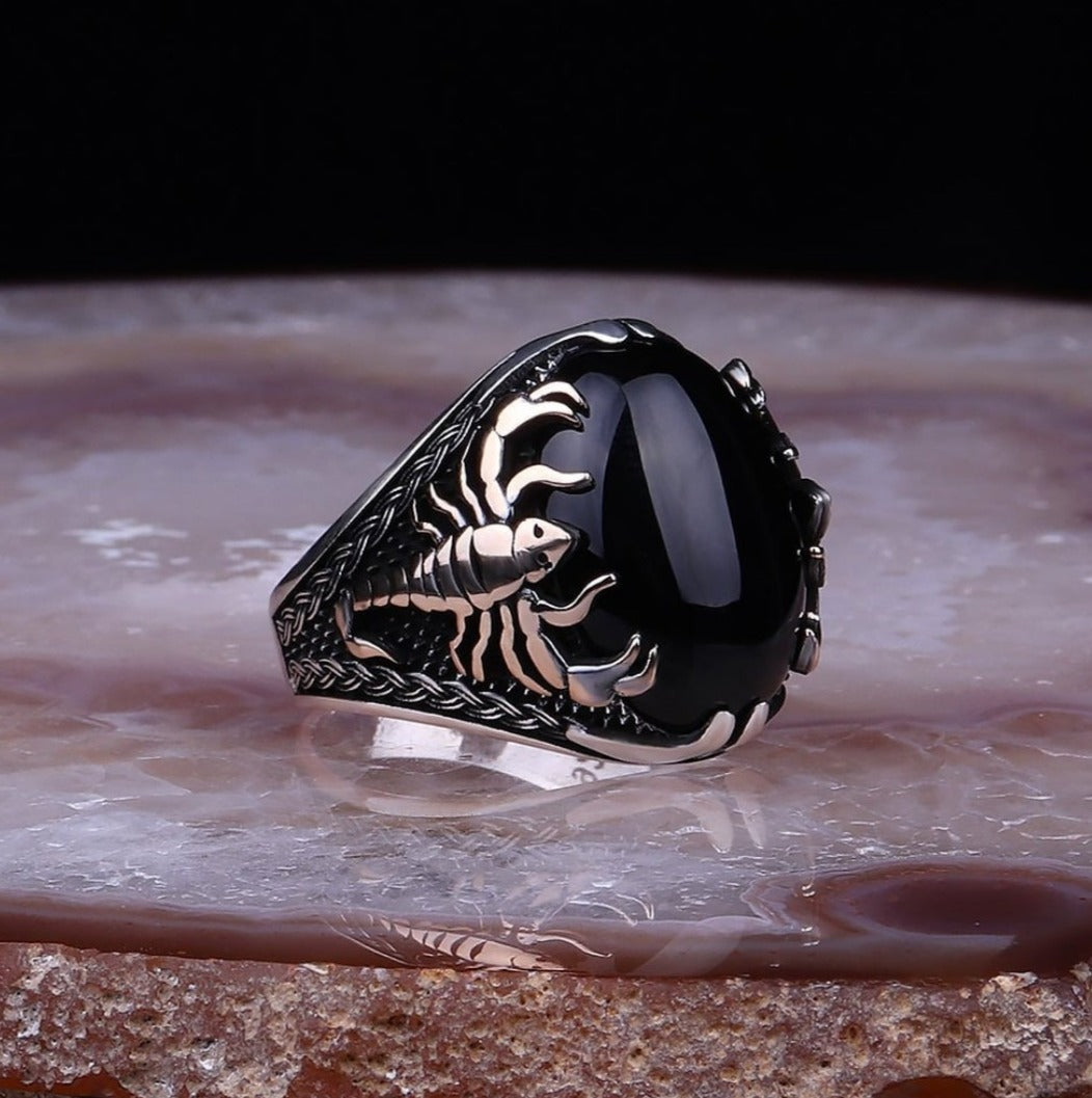 Gental Gems by Karat Kings | Unique Turkish Style Scorpion Ring with Natural Black Onyx (Cabochon) |  Sterling Silver Oxidized Zodiac Ring