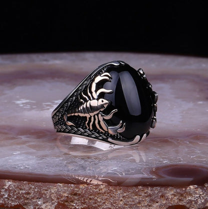 Gental Gems by Karat Kings | Unique Turkish Style Scorpion Ring with Natural Black Onyx (Cabochon) |  Sterling Silver Oxidized Zodiac Ring