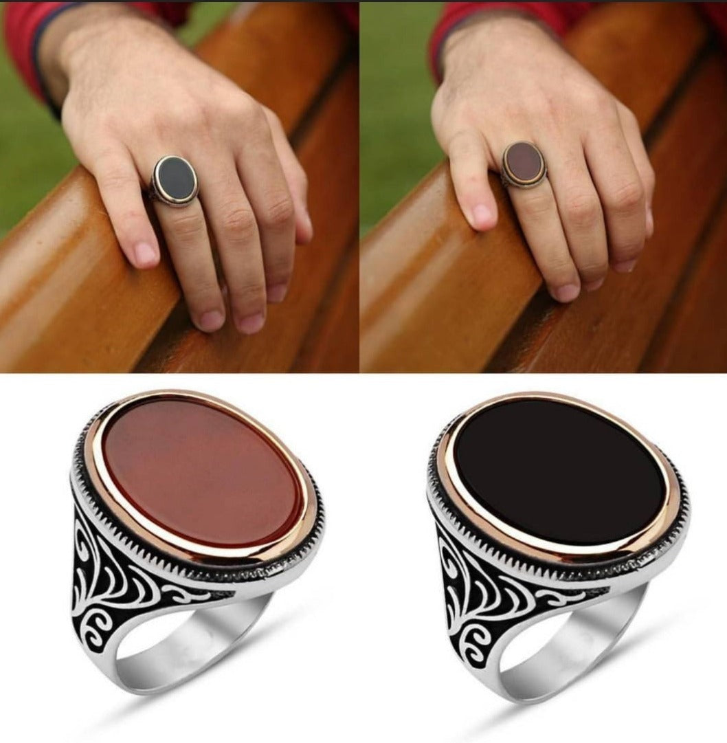 Gental Gems by Karat Kings | Unique Turkish Style Ring with Natural Red Agate  |  Sterling Silver Oxidized Ring | Men's Jewelry | With Certificate of Authenticity and  Hallmark