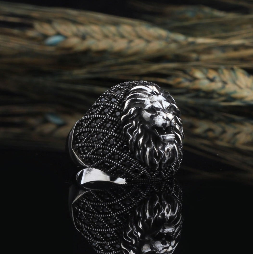 Gental Gems by Karat Kings | Unique Turkish Style Oxidized Silver Lion Ring with Black Zircon|  Sterling Silver Oxidized Ring