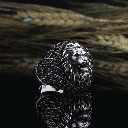 Gental Gems by Karat Kings | Unique Turkish Style Oxidized Silver Lion Ring with Black Zircon|  Sterling Silver Oxidized Ring