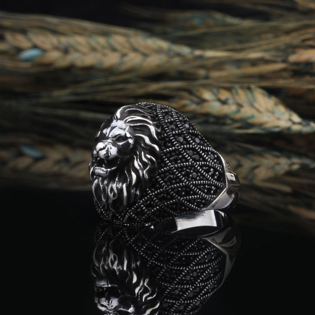 Gental Gems by Karat Kings | Unique Turkish Style Oxidized Silver Lion Ring with Black Zircon|  Sterling Silver Oxidized Ring