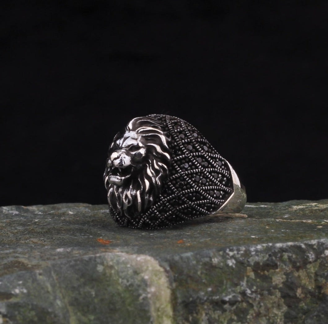 Gental Gems by Karat Kings | Unique Turkish Style Oxidized Silver Lion Ring with Black Zircon|  Sterling Silver Oxidized Ring