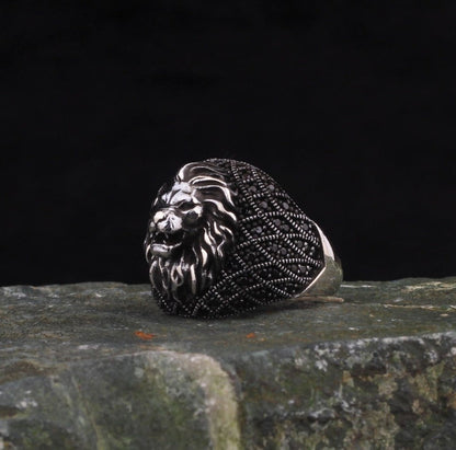 Gental Gems by Karat Kings | Unique Turkish Style Oxidized Silver Lion Ring with Black Zircon|  Sterling Silver Oxidized Ring