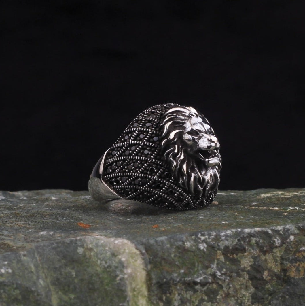 Gental Gems by Karat Kings | Unique Turkish Style Oxidized Silver Lion Ring with Black Zircon|  Sterling Silver Oxidized Ring