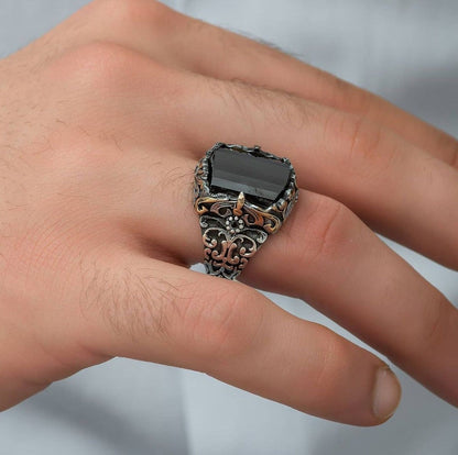 Gental Gems by Karat Kings | Unique Turkish Style Ring with Faceted Black Zircon |  Sterling Silver Oxidized Ring