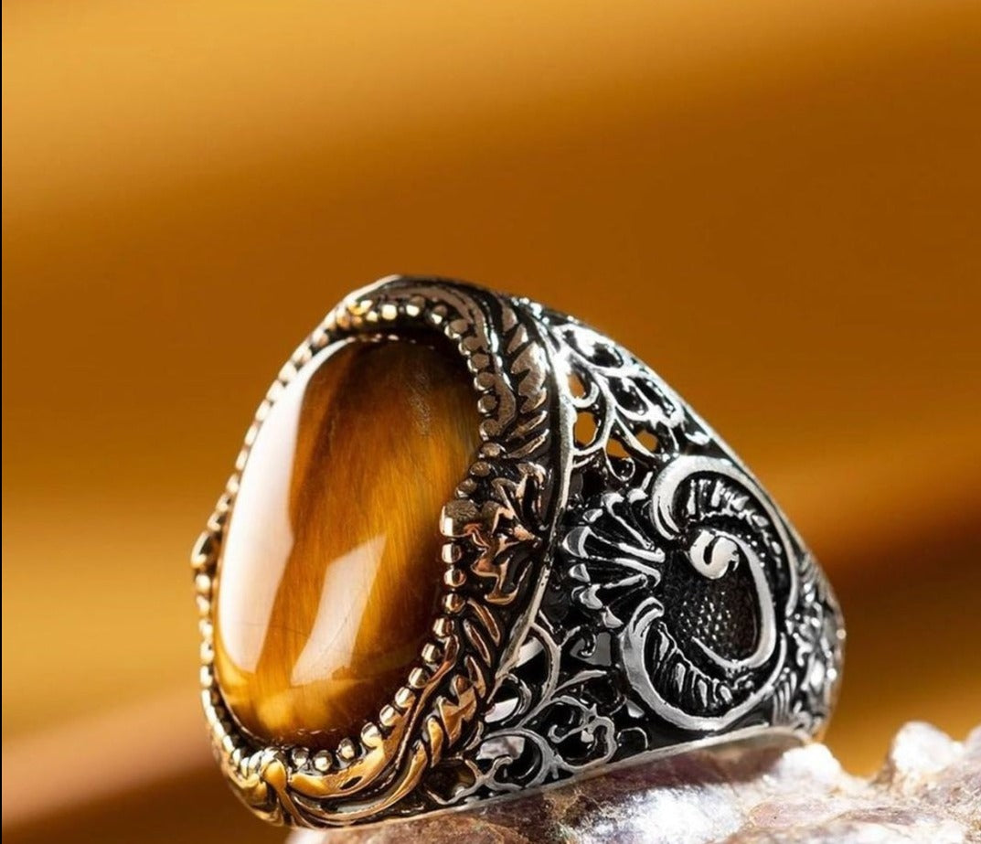 Gental Gems by Karat Kings | Unique Turkish Style Ring with Natural Tiger Eye |  Sterling Silver Oxidized Ring | Men's Jewelry | With Certificate of Authenticity and  Hallmark