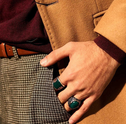 Gental Gems by Karat Kings | Unique Turkish Style Ring with Natural Green Onyx  |  Sterling Silver Oxidized Ring | Men's Jewelry | With Certificate of Authenticity and  Hallmark