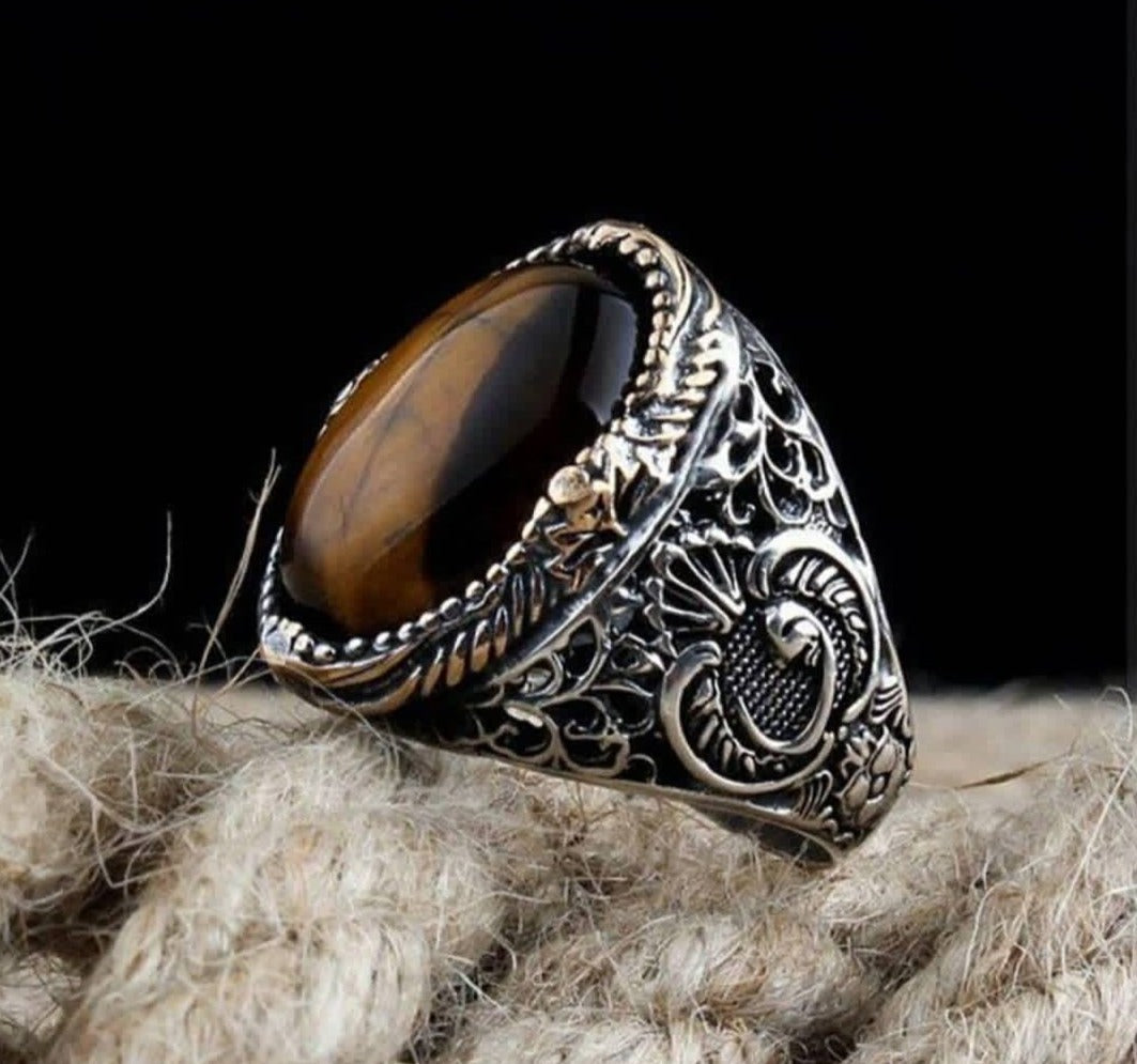 Gental Gems by Karat Kings | Unique Turkish Style Ring with Natural Tiger Eye |  Sterling Silver Oxidized Ring | Men's Jewelry | With Certificate of Authenticity and  Hallmark