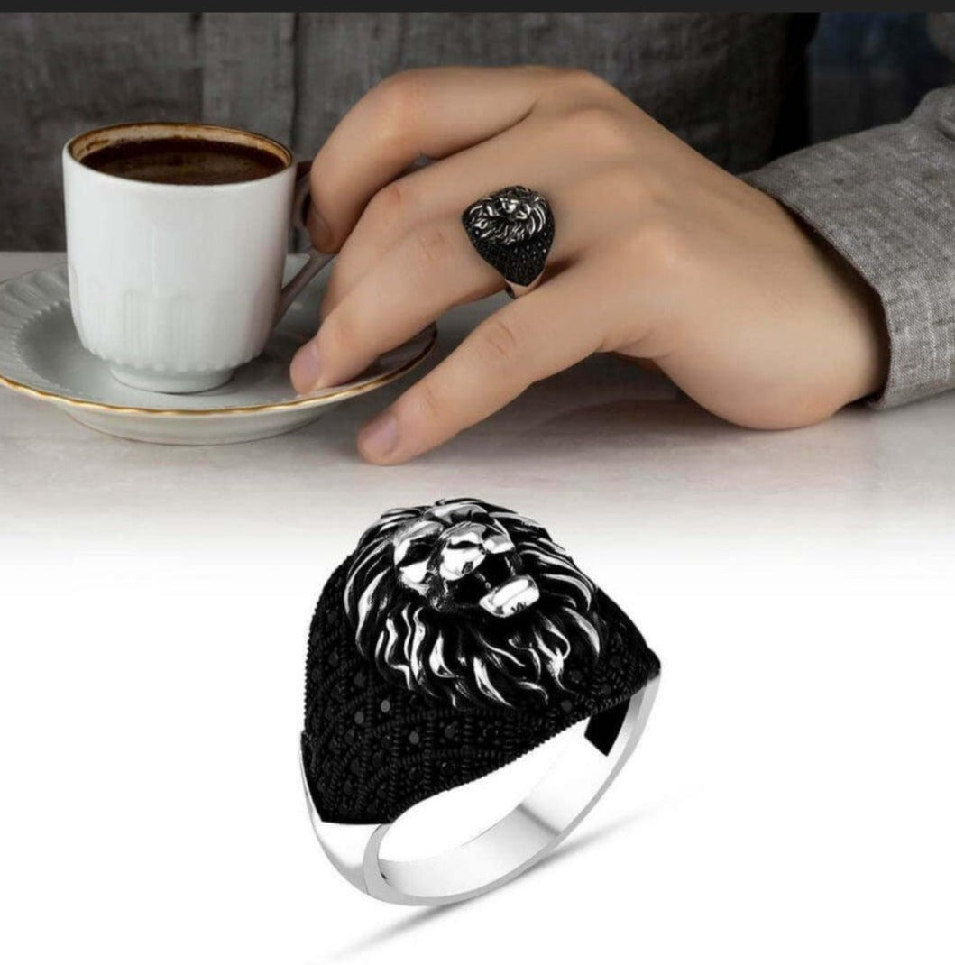 Gental Gems by Karat Kings | Unique Turkish Style Oxidized Silver Lion Ring with Black Zircon|  Sterling Silver Oxidized Ring
