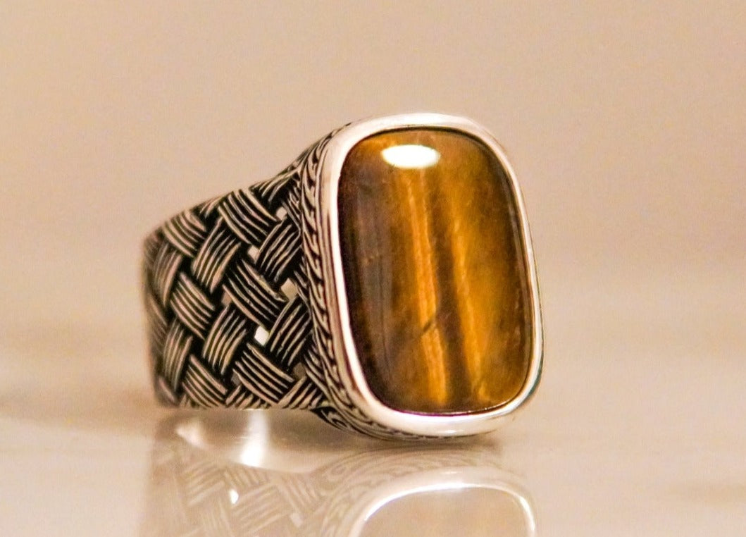 Gental Gems by Karat Kings | Unique Turkish Style Ring with Natural Tiger Eye |  Sterling Silver Oxidized Ring