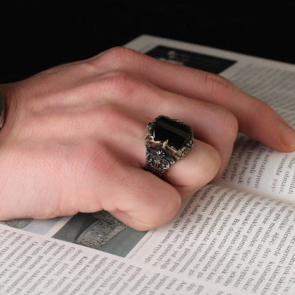 Gental Gems by Karat Kings | Unique Turkish Style Ring with Faceted Black Zircon |  Sterling Silver Oxidized Ring