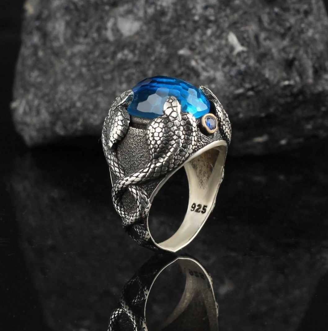 Gental Gems by Karat Kings | Unique Designed Snake Ring with S Blue Topaz|  Sterling Silver Oxidized Ring | Men's Jewelry | With Certificate of Authenticity and  Hallmark