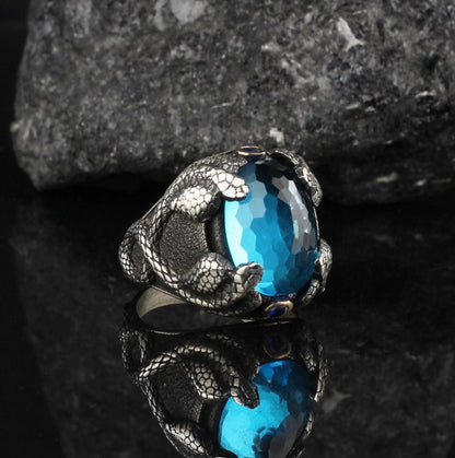 Gental Gems by Karat Kings | Unique Designed Snake Ring with S Blue Topaz|  Sterling Silver Oxidized Ring | Men's Jewelry | With Certificate of Authenticity and  Hallmark
