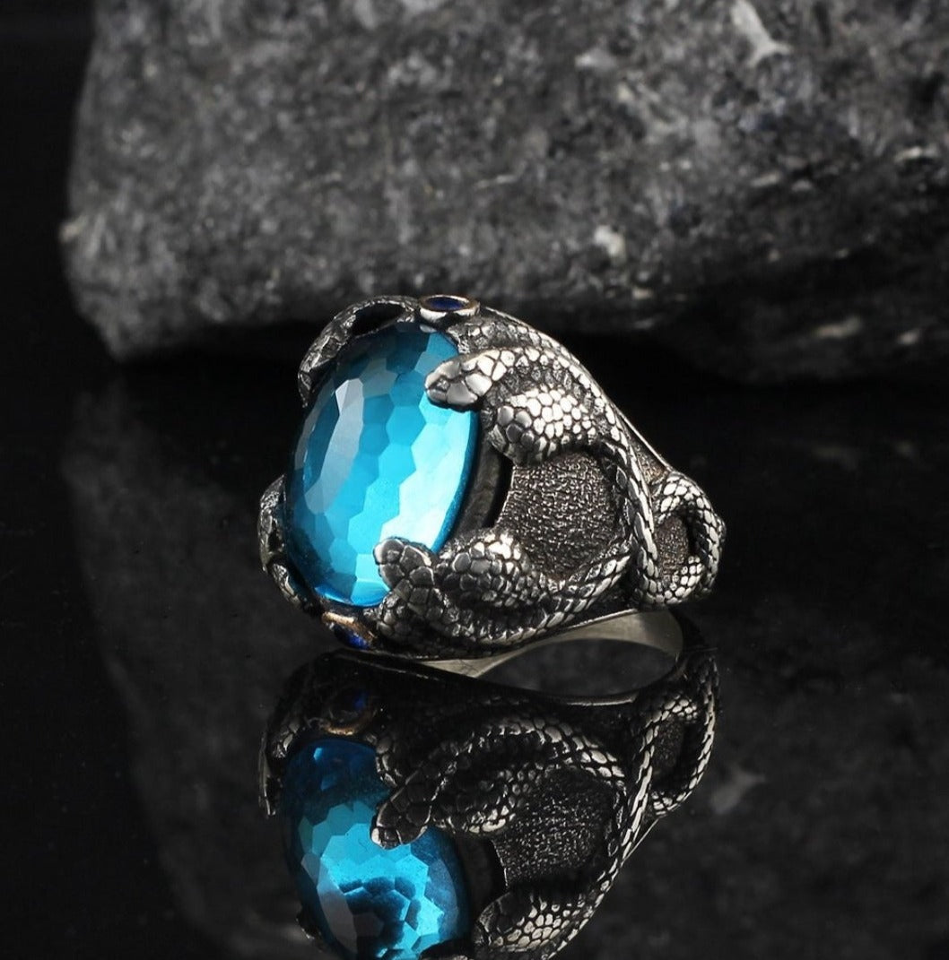Gental Gems by Karat Kings | Unique Designed Snake Ring with S Blue Topaz|  Sterling Silver Oxidized Ring | Men's Jewelry | With Certificate of Authenticity and  Hallmark