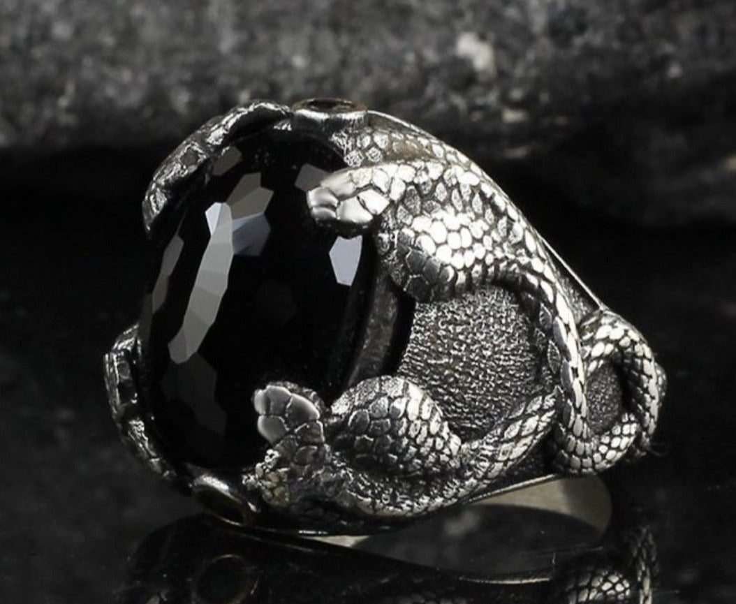 Gental Gems by Karat Kings | Unique Designed Snake Ring with Black Zircon |  Sterling Silver Oxidized Ring