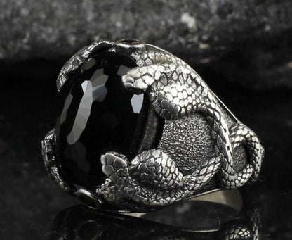 Gental Gems by Karat Kings | Unique Designed Snake Ring with Black Zircon |  Sterling Silver Oxidized Ring