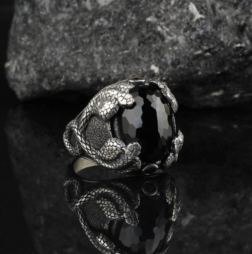 Gental Gems by Karat Kings | Unique Designed Snake Ring with Black Zircon |  Sterling Silver Oxidized Ring