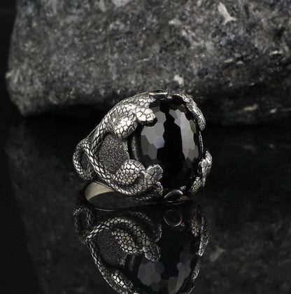 Gental Gems by Karat Kings | Unique Designed Snake Ring with Black Zircon |  Sterling Silver Oxidized Ring