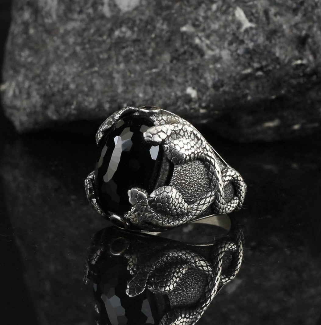 Gental Gems by Karat Kings | Unique Designed Snake Ring with Black Zircon |  Sterling Silver Oxidized Ring