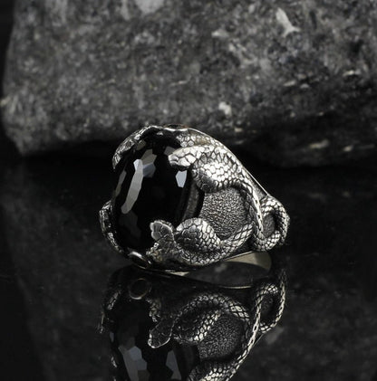 Gental Gems by Karat Kings | Unique Designed Snake Ring with Black Zircon |  Sterling Silver Oxidized Ring