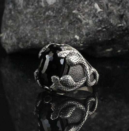 Gental Gems by Karat Kings | Unique Designed Snake Ring with Black Zircon |  Sterling Silver Oxidized Ring