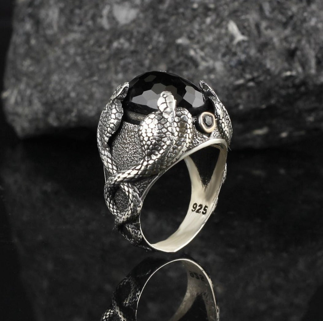 Gental Gems by Karat Kings | Unique Designed Snake Ring with Black Zircon |  Sterling Silver Oxidized Ring
