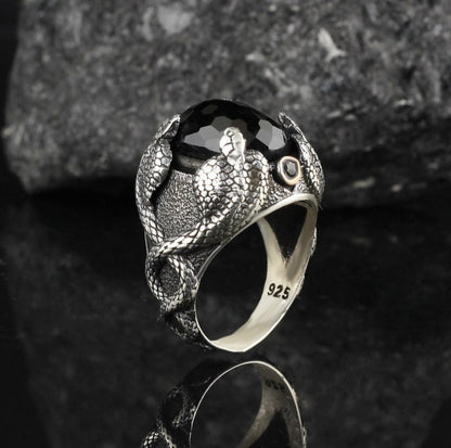 Gental Gems by Karat Kings | Unique Designed Snake Ring with Black Zircon |  Sterling Silver Oxidized Ring