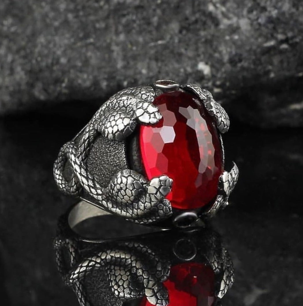 Gental Gems by Karat Kings | Unique Designed Snake Ring with Red Zircon |  Sterling Silver Oxidized Ring