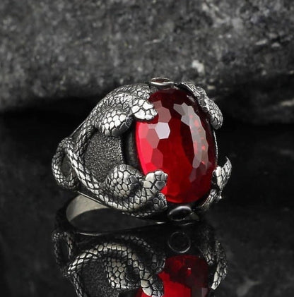 Gental Gems by Karat Kings | Unique Designed Snake Ring with Red Zircon |  Sterling Silver Oxidized Ring