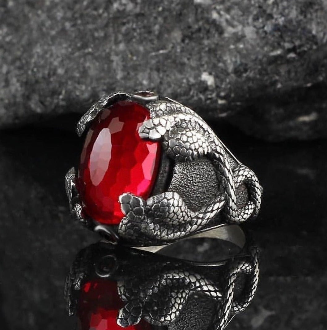 Gental Gems by Karat Kings | Unique Designed Snake Ring with Red Zircon |  Sterling Silver Oxidized Ring