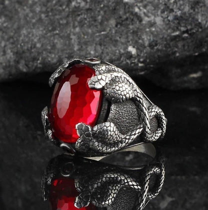 Gental Gems by Karat Kings | Unique Designed Snake Ring with Red Zircon |  Sterling Silver Oxidized Ring