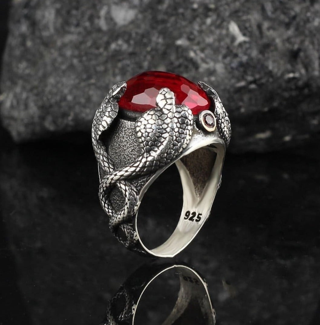 Gental Gems by Karat Kings | Unique Designed Snake Ring with Red Zircon |  Sterling Silver Oxidized Ring