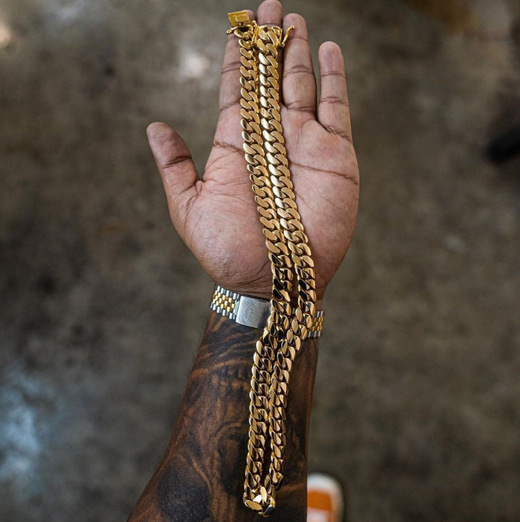 Gental Gems by Karat Kings | 12mm Wide Solid Miami Cuban Link Chain |  Gold Micron Plated  Sterling Silver Chain