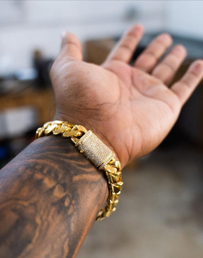 Gental Gems by Karat Kings | Solid 10mm Miami Cuban Link Bracelet with Iced Lock |  Gold Micron Plated on  Sterling Silver Bracelet with AAA+ Quality Swarovski Diamonds