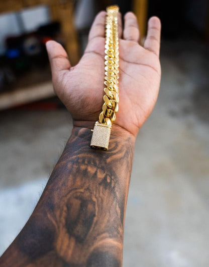Gental Gems by Karat Kings | Solid 16mm Miami Cuban Link Bracelet with Iced Lock |  Gold Micron Plated on  Sterling Silver Bracelet with AAA+ Quality Swarovski Diamonds