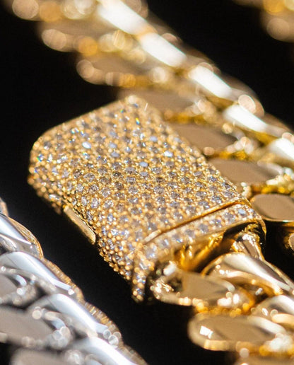 Gental Gems by Karat Kings | Solid 16mm Miami Cuban Link Chain with Iced Lock |  Gold Micron Plated on  Sterling Silver Chain with AAA+ Quality Swarovski Diamonds