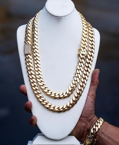 Gental Gems by Karat Kings | Solid 16mm Miami Cuban Link Chain with Iced Lock |  Gold Micron Plated on  Sterling Silver Chain with AAA+ Quality Swarovski Diamonds