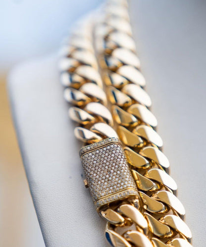 Gental Gems by Karat Kings | Solid 16mm Miami Cuban Link Chain with Iced Lock |  Gold Micron Plated on  Sterling Silver Chain with AAA+ Quality Swarovski Diamonds