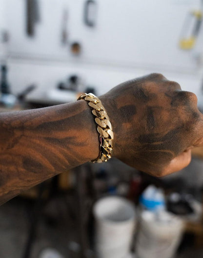 Gental Gems by Karat Kings | 14mm Wide Solid Miami Cuban Link Bracelet |  Gold Micron Plated  Sterling Silver Bracelet