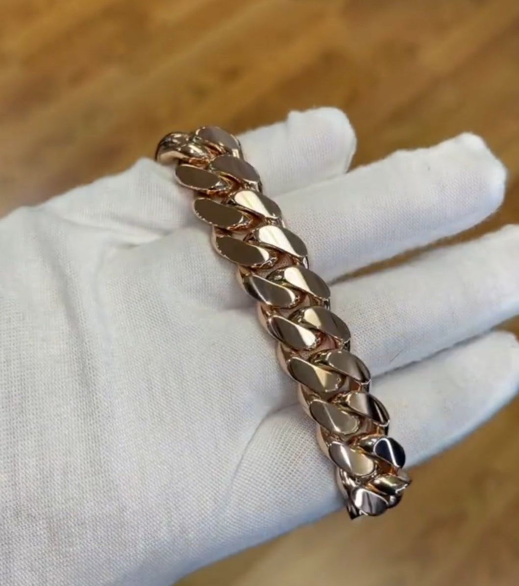 Gental Gems by Karat Kings | 16mm wide Solid Miami Cuban Link Bracelet With Iced Lock in Baguettes | Rosegold Plated  Sterling Silver Bracelet
