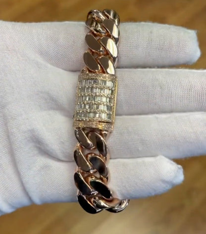 Gental Gems by Karat Kings | 16mm wide Solid Miami Cuban Link Bracelet With Iced Lock in Baguettes | Rosegold Plated  Sterling Silver Bracelet