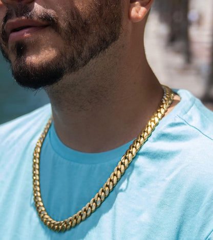 Gental Gems by Karat Kings | 14mm Wide Solid Miami Cuban Link Chain |  Gold Micron Plated  Sterling Silver Chain