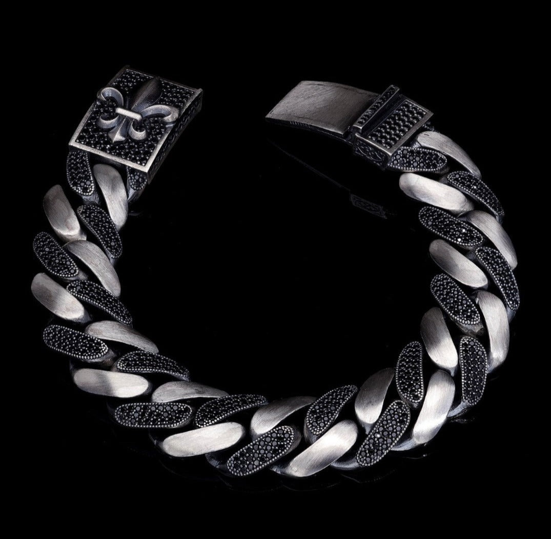 16mm wide Unique Fleur-De-Lis Black Iced Cuban Link Bracelet for Men | Dark Oxidized  Silver Bracelet
