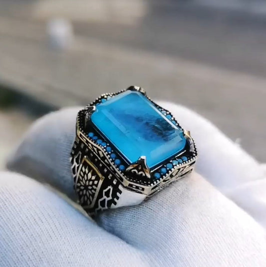 Gental Gems by Karat Kings | Unique Designed Turkish Style Ring with Natural Blue Topaz |  Sterling Silver Oxidized Ring | Men's Jewelry | With Certificate of Authenticity and  Hallmark