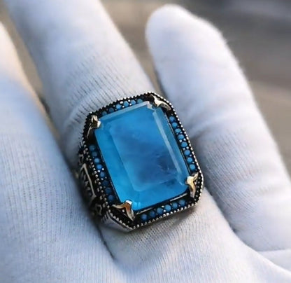 Gental Gems by Karat Kings | Unique Designed Turkish Style Ring with Natural Blue Topaz |  Sterling Silver Oxidized Ring